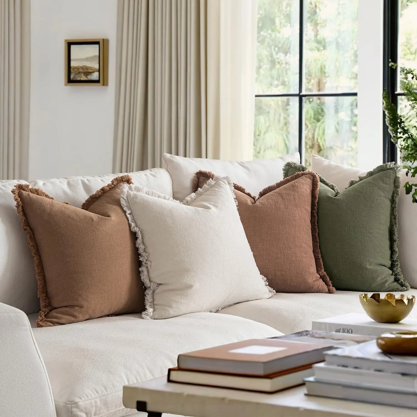 Set of 4 Neutral Linen Fringe Throw Pillows