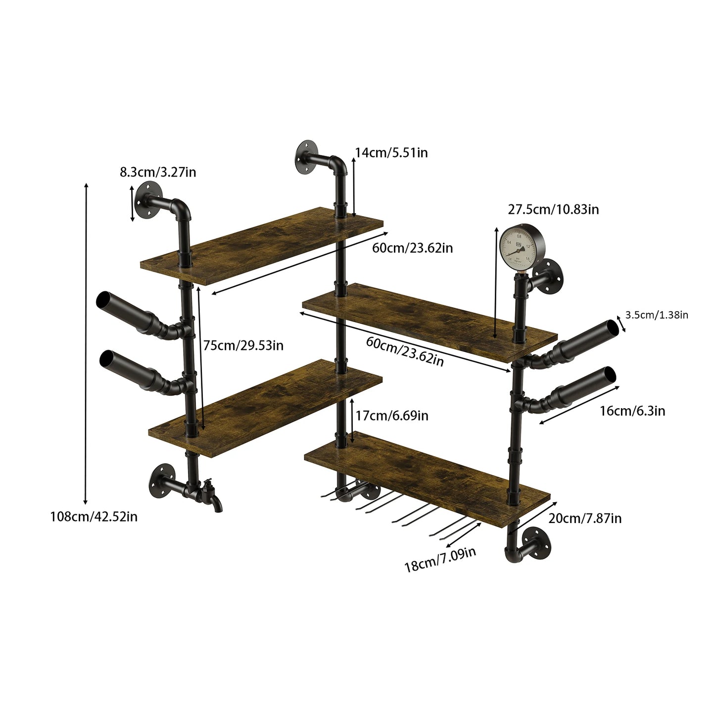 Pipe Bar Liquor Shelf, Floating Shelves with Wine Glass Holder