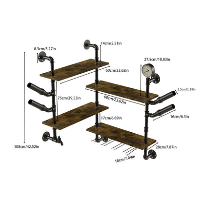 Pipe Bar Liquor Shelf, Floating Shelves with Wine Glass Holder