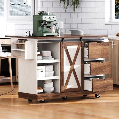 55.5" Farmhouse Kitchen Island with Drop Leaf