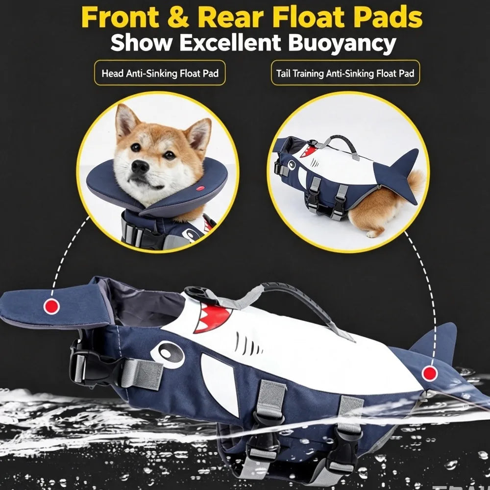 M & L Size Dog Shark Life Jacket Chin Support Floating Vest