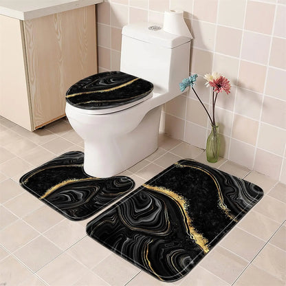 4-Piece Black Marble Shower Curtain Set