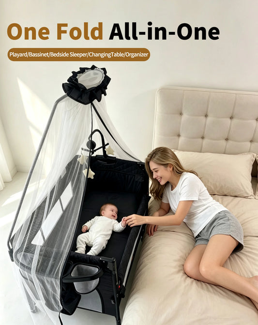 Steanny Pack n Play, All-in-one Playard with Bassinet,Pack and Play,Bedside Sleeper Fodble Travel Cribs with 4Wheels, Changeing Table,Mosquito Net,Toys Bars with Music