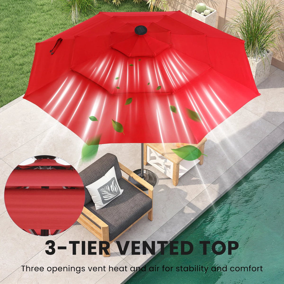 JHK Outdoor 10 FT Solar Patio Umbrella with 32 LED Lights