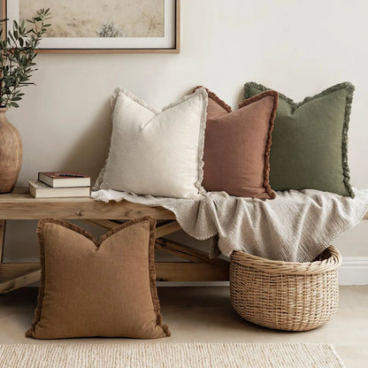 Set of 4 Neutral Linen Fringe Throw Pillows