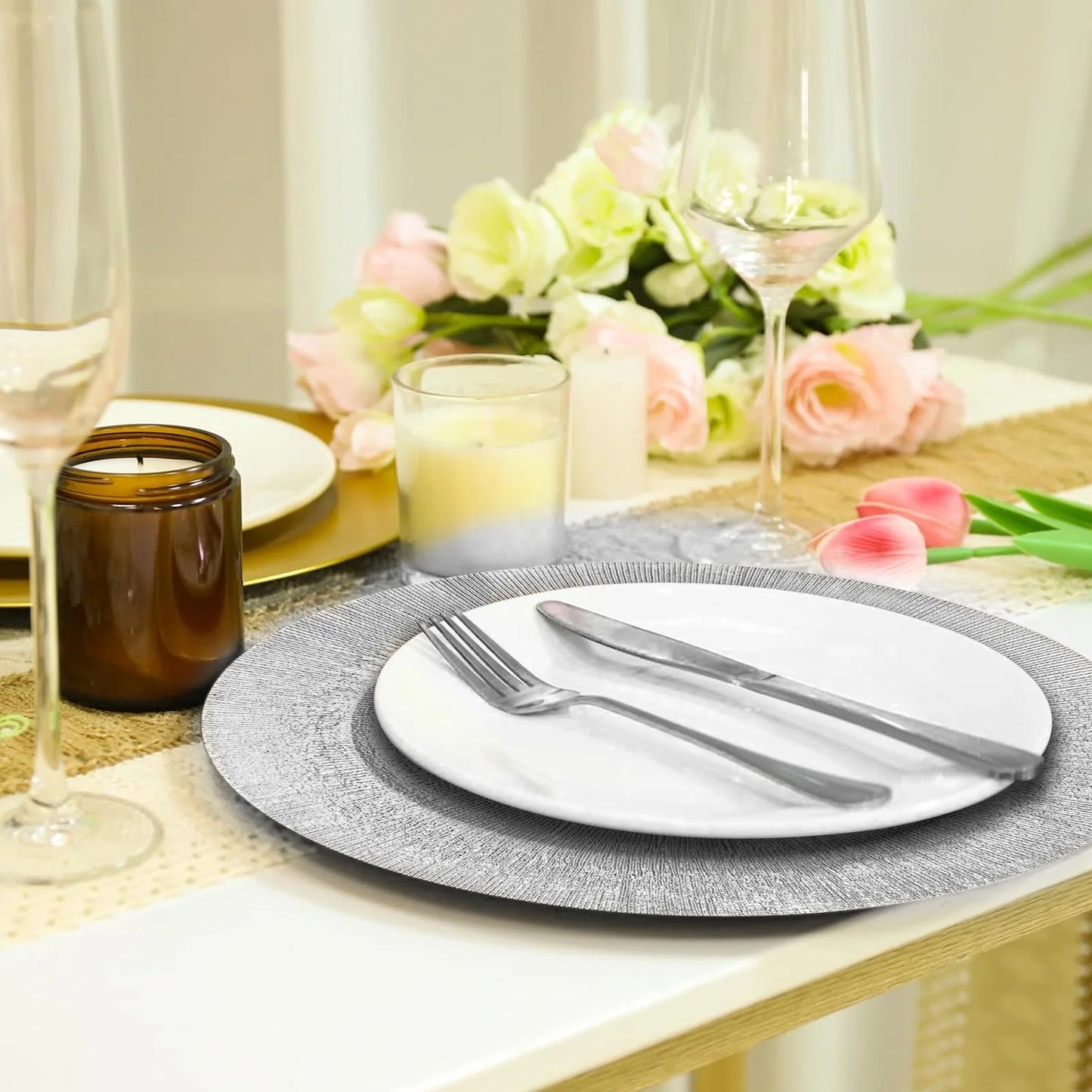100Pcs Decorative Charger Plates Bulk Silver,13Inch