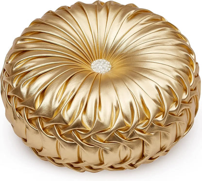 Gold Metallic Leather Round Throw Pillow