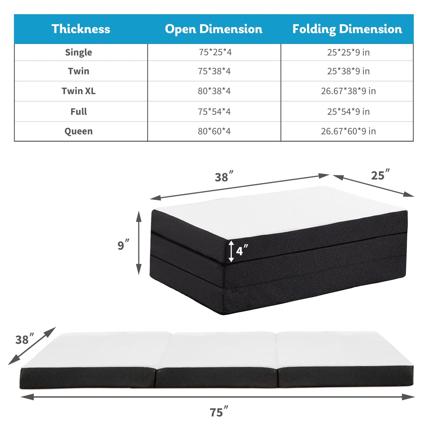 JHK Tri-Fold Memory Foam Mattress with Collapsible and Washable Cover