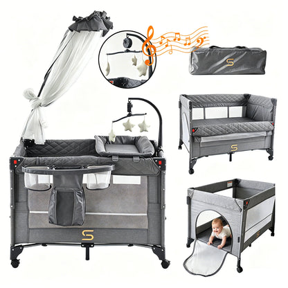 Steanny Pack n Play, All-in-one Playard with Bassinet,Pack and Play,Bedside Sleeper Fodble Travel Cribs with 4Wheels, Changeing Table,Mosquito Net,Toys Bars with Music