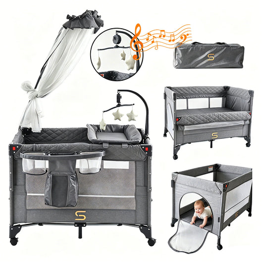 Steanny Pack n Play, All-in-one Playard with Bassinet,Pack and Play,Bedside Sleeper Fodble Travel Cribs with 4Wheels, Changeing Table,Mosquito Net,Toys Bars with Music