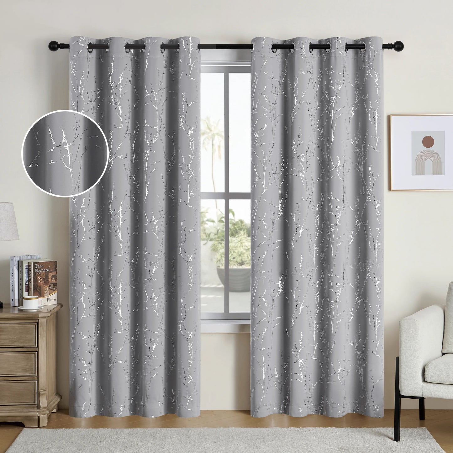 2 Blackout Curtains Grommet Thermal Insulated Room Darkening  With Tree Print