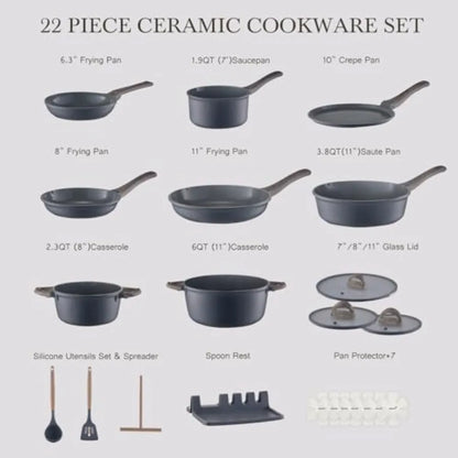 Non Stick Non-Toxic 22 Pcs Ceramic Cookware Set