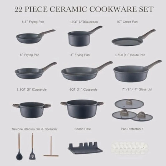 Non Stick Non-Toxic 22 Pcs Ceramic Cookware Set