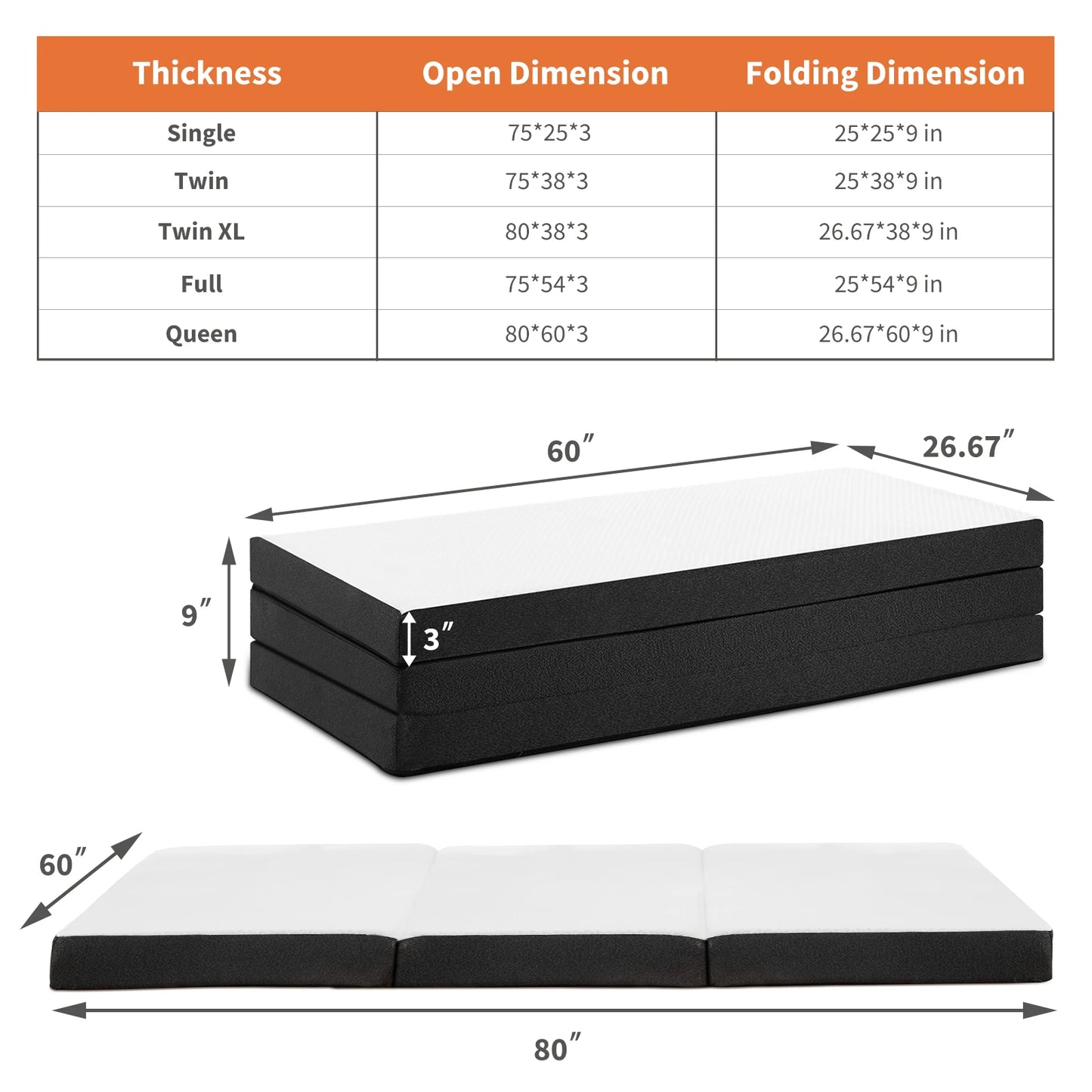 JHK Tri-Fold Memory Foam Mattress with Collapsible and Washable Cover