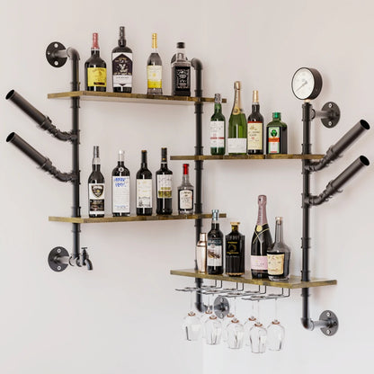 Pipe Bar Liquor Shelf, Floating Shelves with Wine Glass Holder
