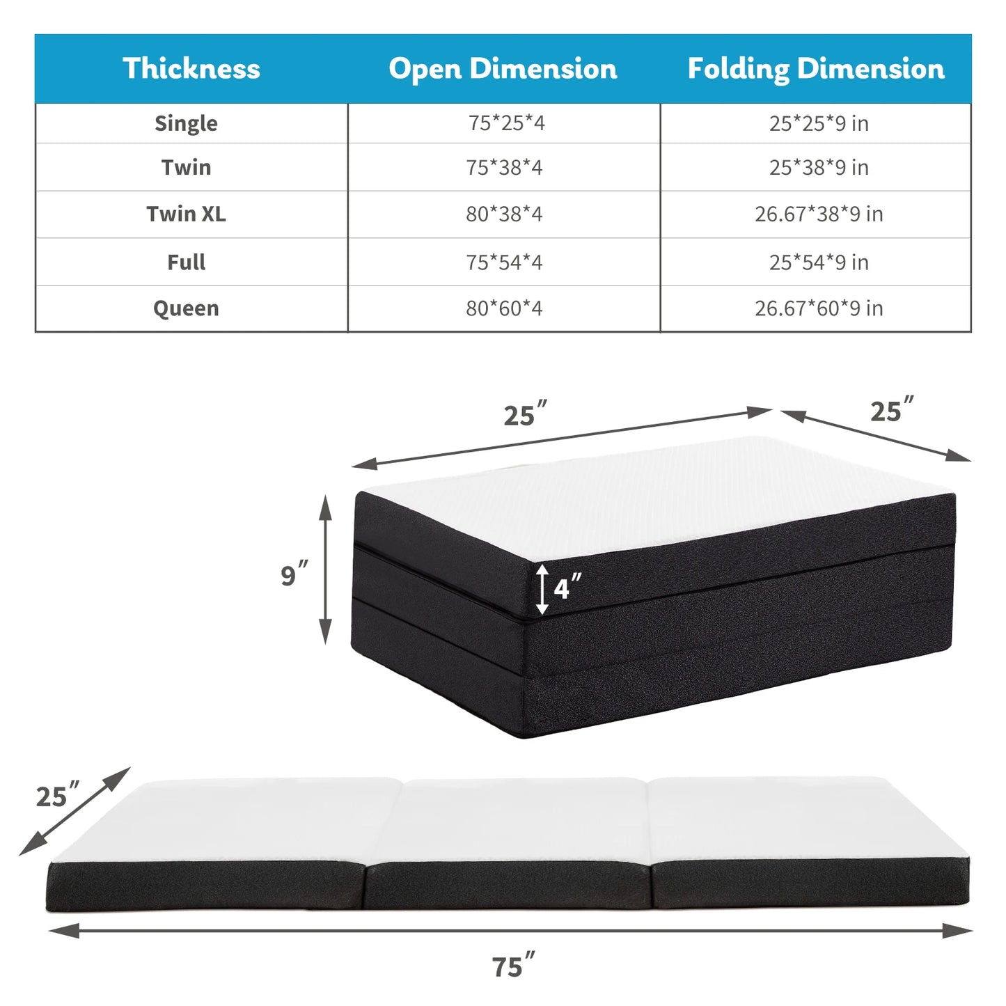 JHK Tri-Fold Memory Foam Mattress with Collapsible and Washable Cover