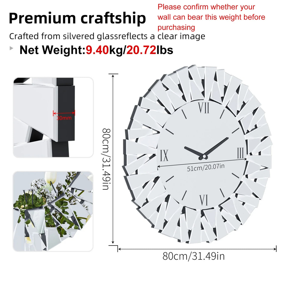 80CM Large Wall Clock for Living Room Bedroom Fireplaces