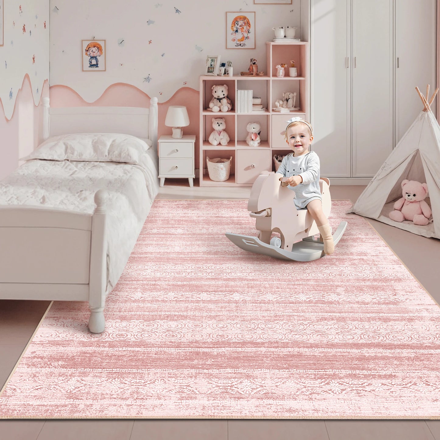 Dusty Pink 8x10 Rug - Washable Non Slip Rug- Foldable