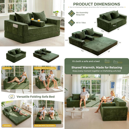 64in Foldable Loveseat Sofa Bed 4-in-1 Recliner Sleeper