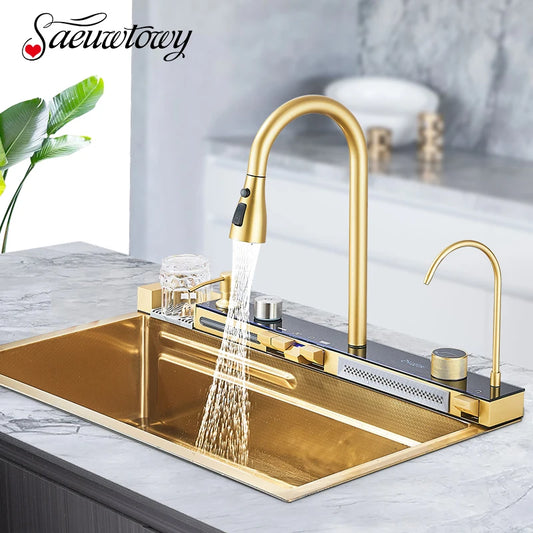 Brushed Golden Smart Digital Display Integrated Kitchen Sink