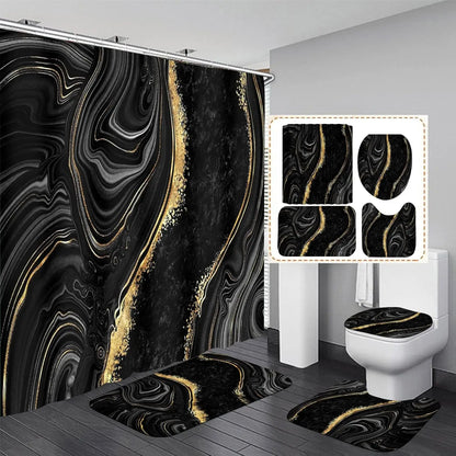 4-Piece Black Marble Shower Curtain Set
