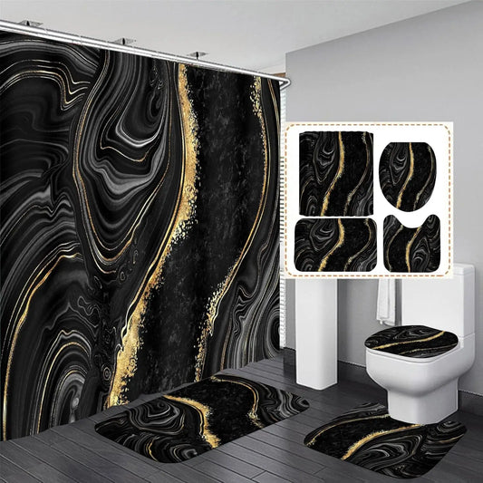 4-Piece Black Marble Shower Curtain Set
