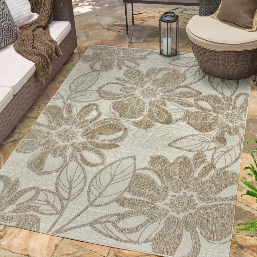 Tropea Woodbury Casual Tropical Floral Beige Ivory Premium Flatweave UV Resistant Indoor Outdoor Area Rug 8x10