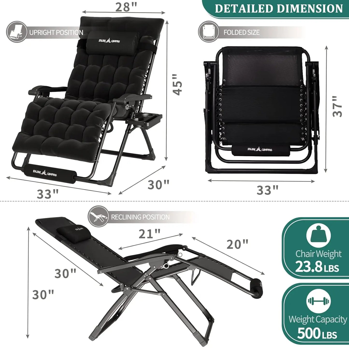 Zero Gravity Chair 33In XXL Patio Reclining Chair
