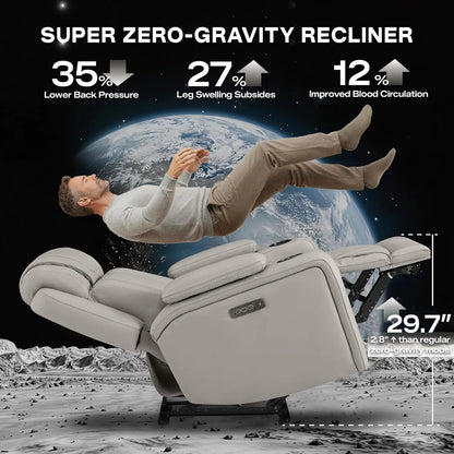 Super Zero Gravity Recliner Chair, Oversized Genuine Leather Electric Recliner W Power Adjustable Headrest & Lumbar