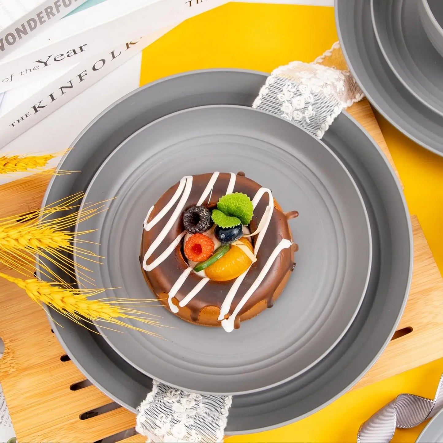 48-Piece Grey Plastic Wheat Straw Dinnerware Set
