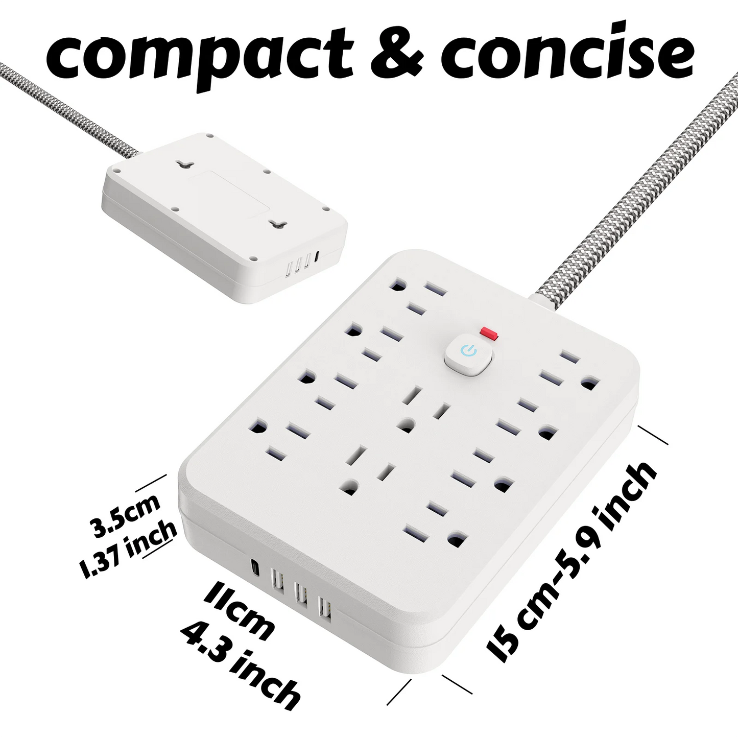 10AC outlets with 5-ft Woven material wire, 3USB ,1 USB-C fast-charging ports Power strip surge protector