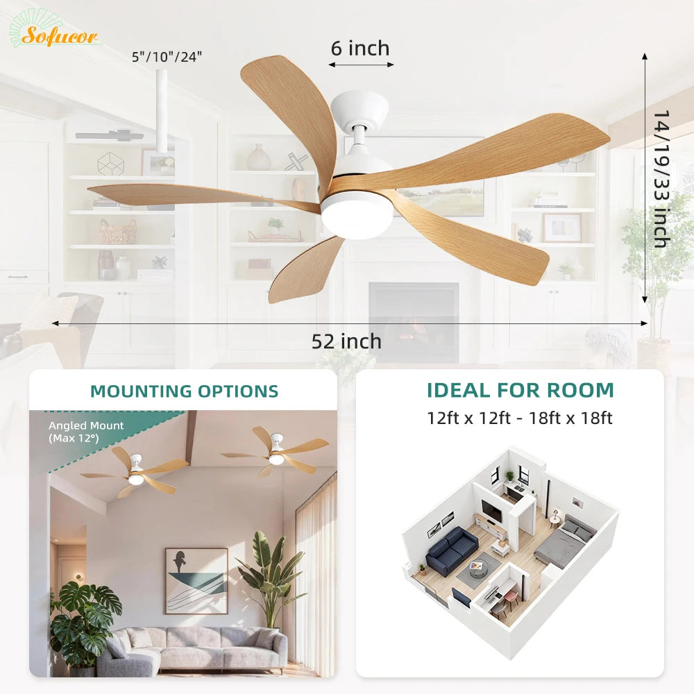 Sofucor 52-Inch 5 Blade Ceiling Fan With LED