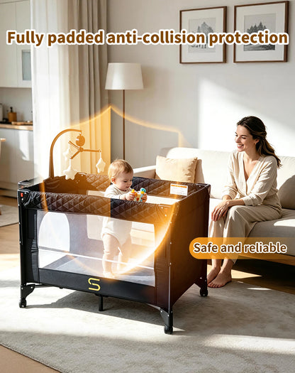 Steanny Pack n Play, All-in-one Playard with Bassinet,Pack and Play,Bedside Sleeper Fodble Travel Cribs with 4Wheels, Changeing Table,Mosquito Net,Toys Bars with Music