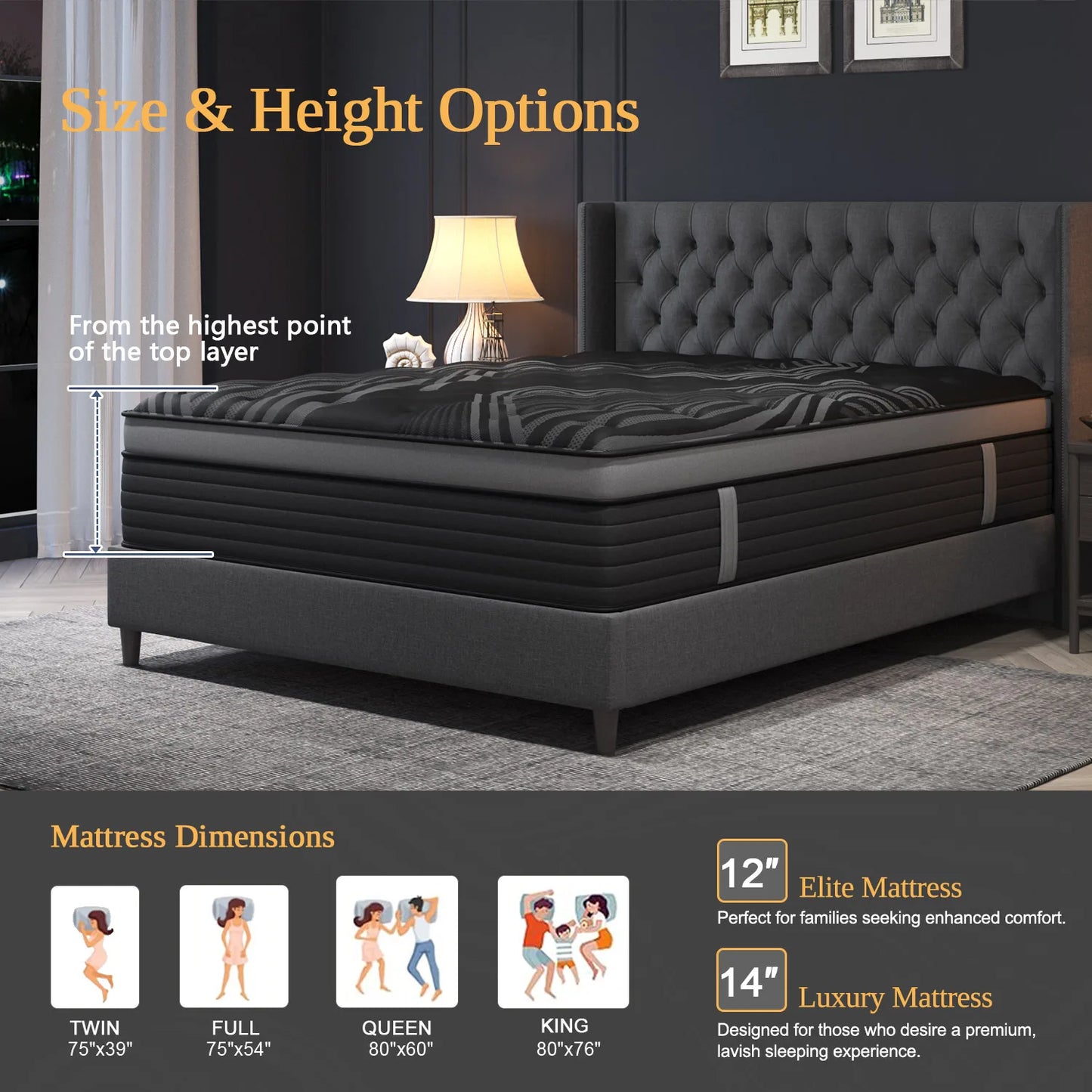 12"14" Gel Memory Foam Hybrid Pocket Spring Mattress Twin Full Queen King