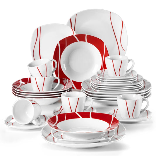 MALACASA Series Felisa 30 Piece Red Stripes Ivory White Porcelain Dinner Set