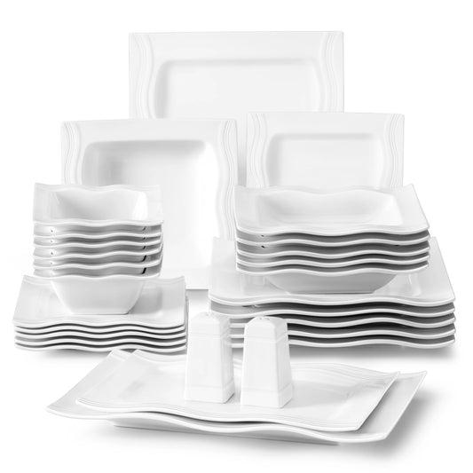 MALACASA Square Dinnerware Sets 28 Piece White Porcelain Plates and Bowls