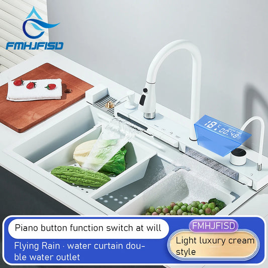White Nano Stainless Steel Kitchen Sink Double Waterfall