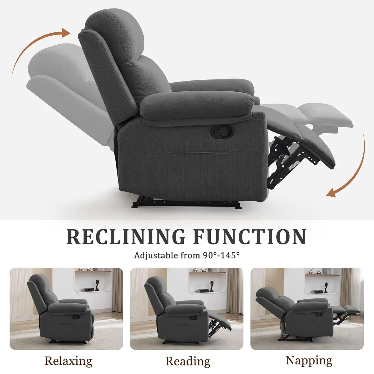 Manual Recliner with Side Pocket, Small Recliners for Small Spaces