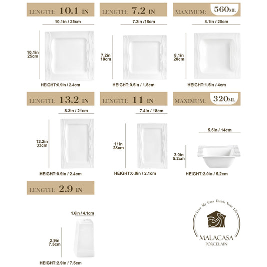 MALACASA Square Dinnerware Sets 28 Piece White Porcelain Plates and Bowls