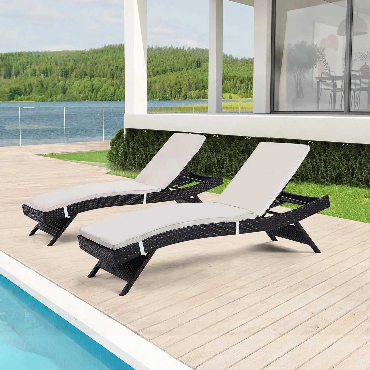 2 Folding Chairs Patio Chaise Lounge, Outdoor Wicker Lounge
