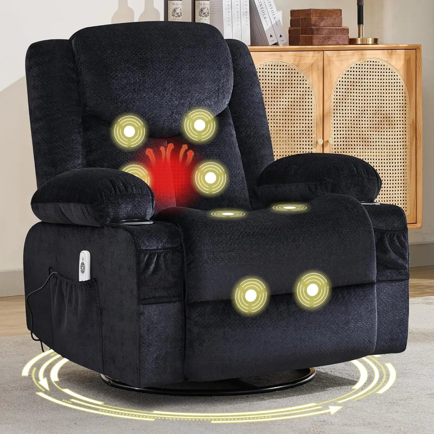 Swivel Recliner Chair w/ Massage & Heat, Rocker, Side Pocket & 2 Cup Holders