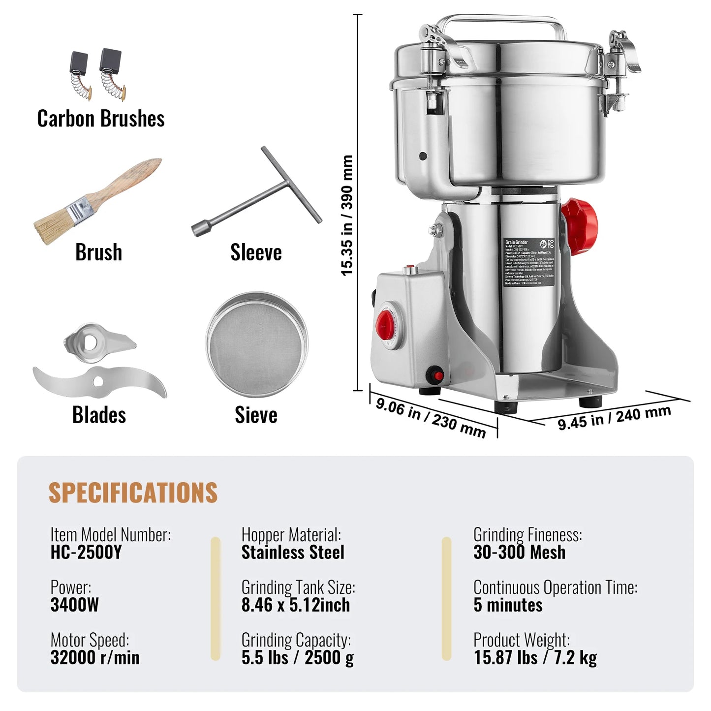 SucceBuy 150-2500g Electric Grain Mill Grinder