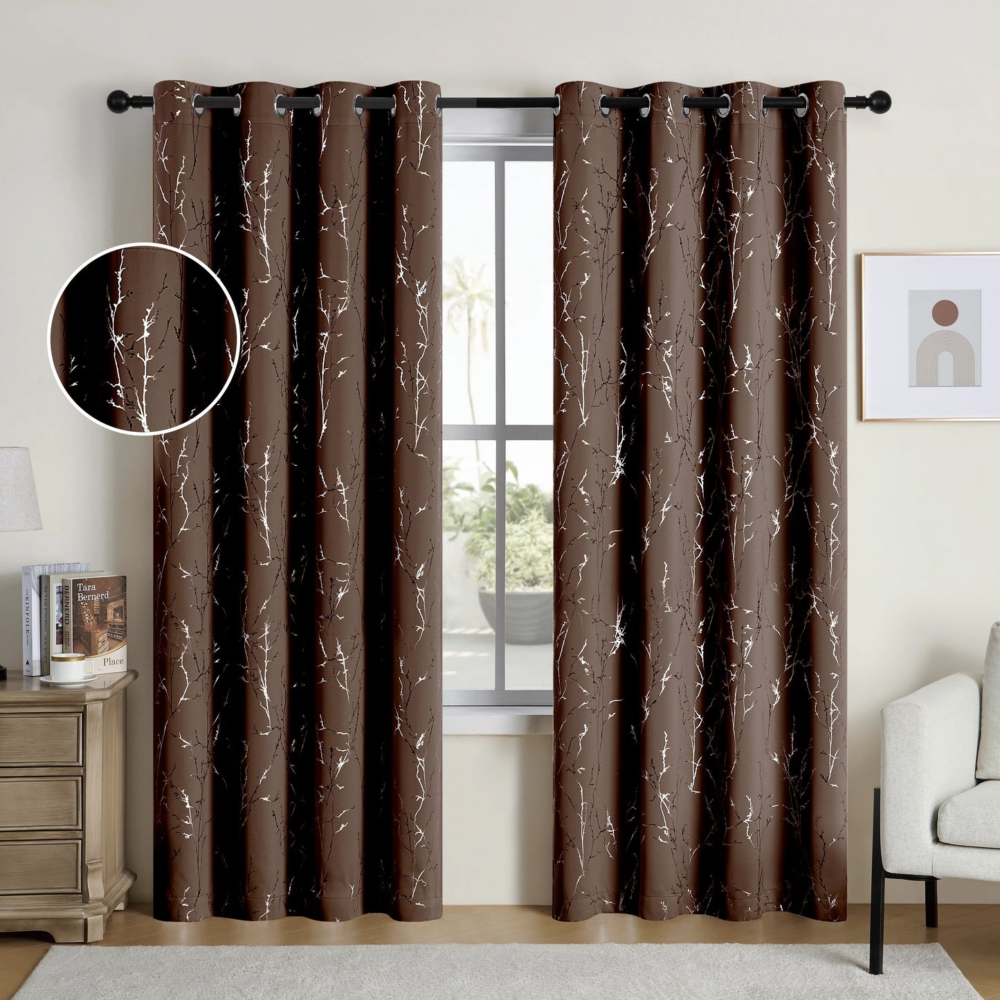 2 Blackout Curtains Grommet Thermal Insulated Room Darkening  With Tree Print