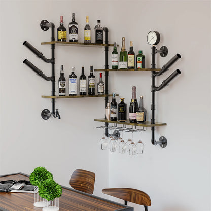Pipe Bar Liquor Shelf, Floating Shelves with Wine Glass Holder