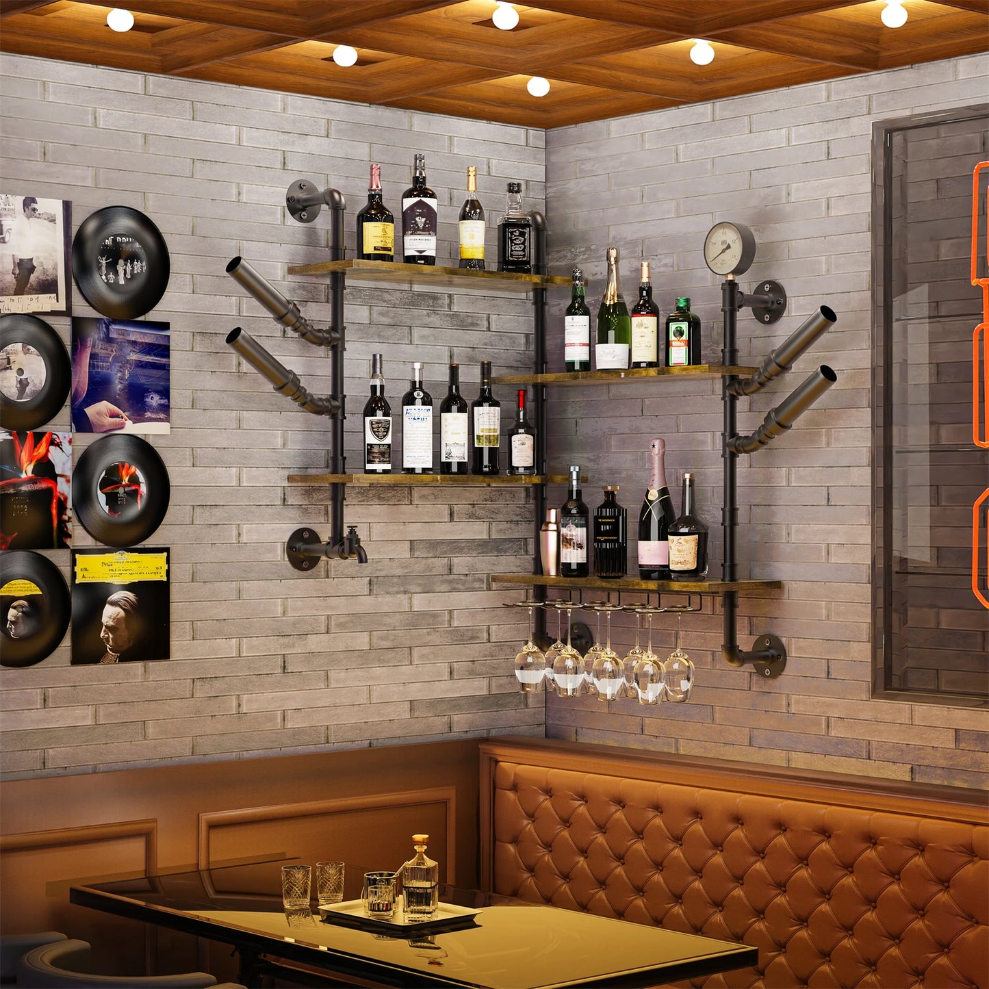 Pipe Bar Liquor Shelf, Floating Shelves with Wine Glass Holder
