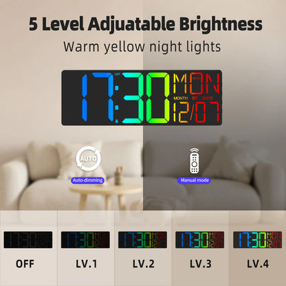 18" RGB Large Digital Wall Clock | Remote Control, Timer, Temp & Date