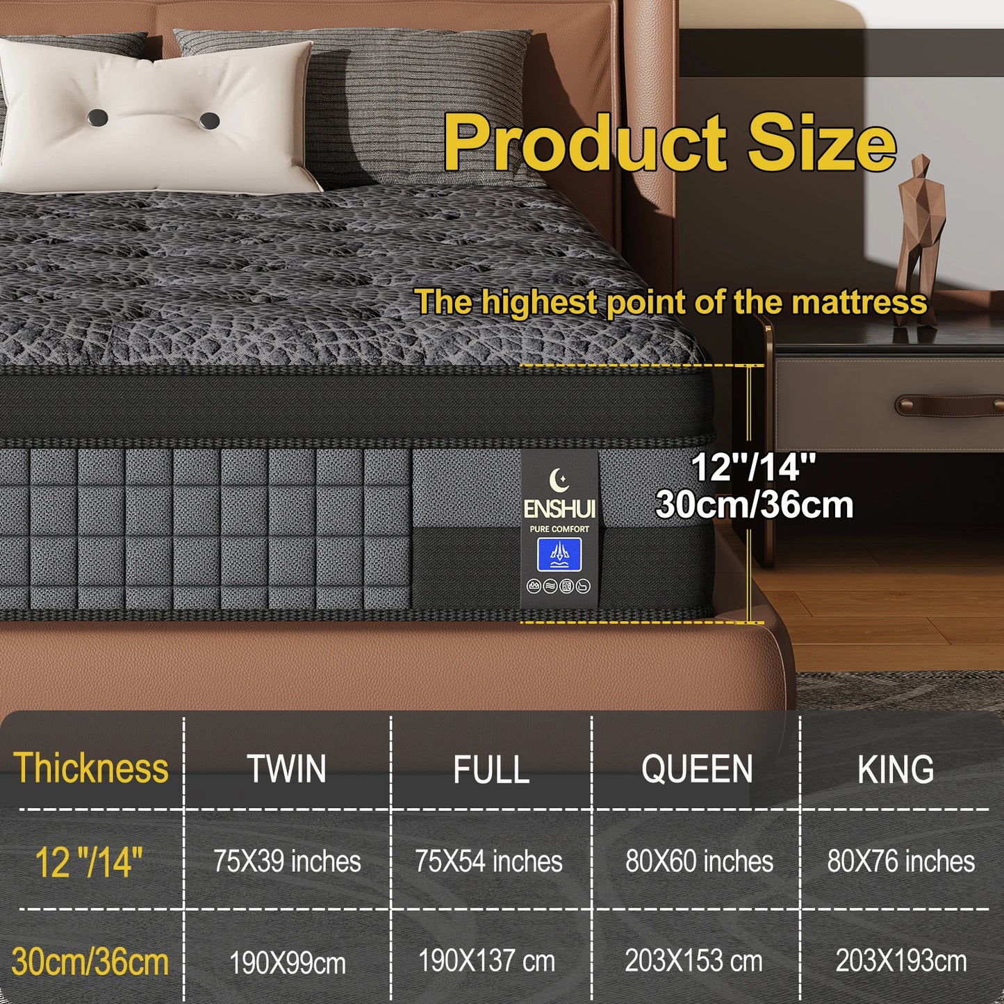 12"14"Memory Foam Mattress Queen King Size, Cooling Gel Infused Bed for Back Pain Relief, Medium Firm Orthopedic Mattress